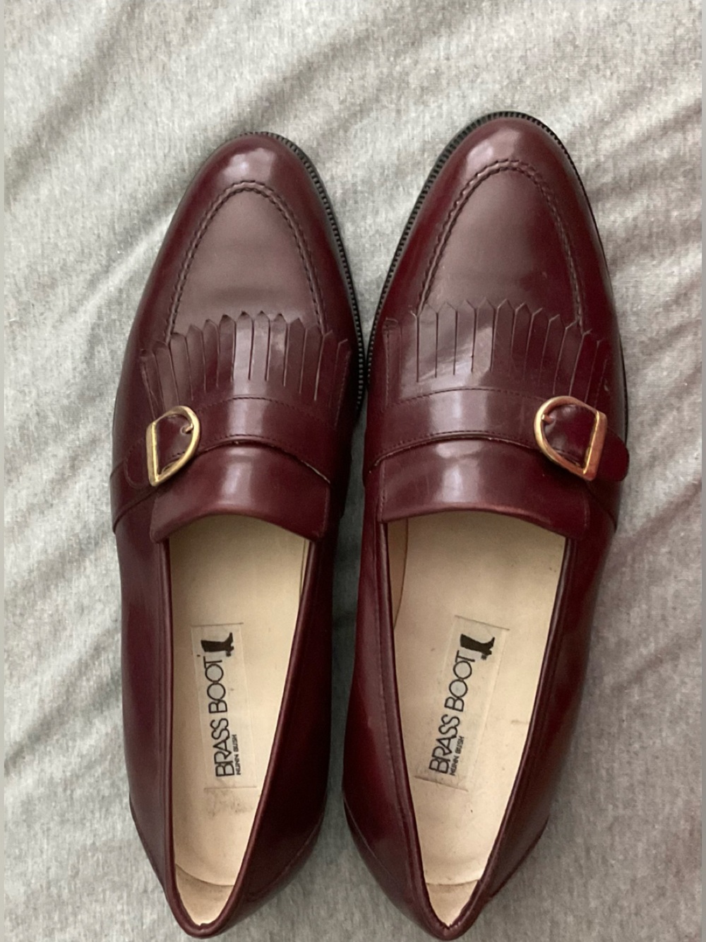New Italian Brass Boot Burgundy Leather Kiltie Loafers with Gold Buckle size 9M
